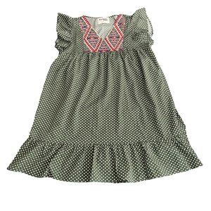 Savanna Jane White Polka-dot Army Green Colorfully Embroidered Dress Size Large